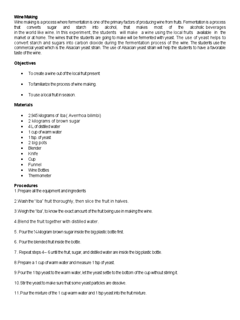 Wine Making PROCEDURE SAMPLE PDF Wine Yeast