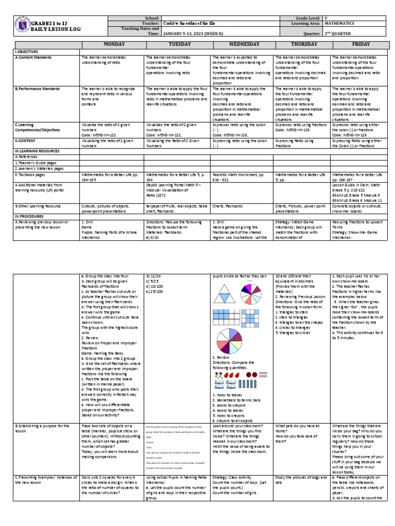 DLL - Mathematics 5 - Q2 - W8 | PDF | Ratio | Learning