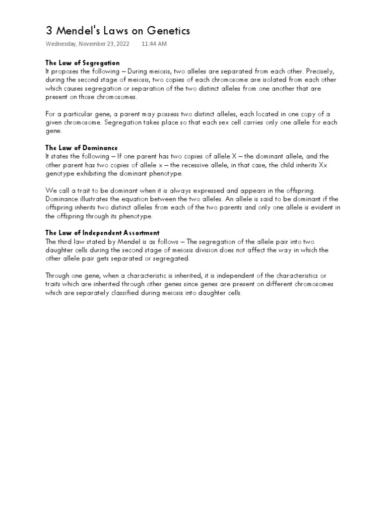3 Mendel S Laws On Genetics Pdf