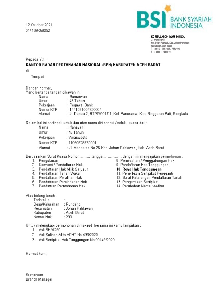 Permohonan Roya ke BPN Aceh Barat | PDF