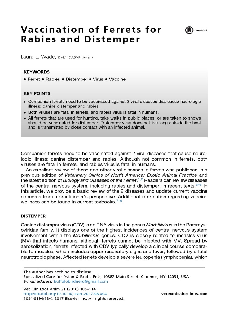 Vaccination of Ferrets For Rabies and Distemper Download Free PDF