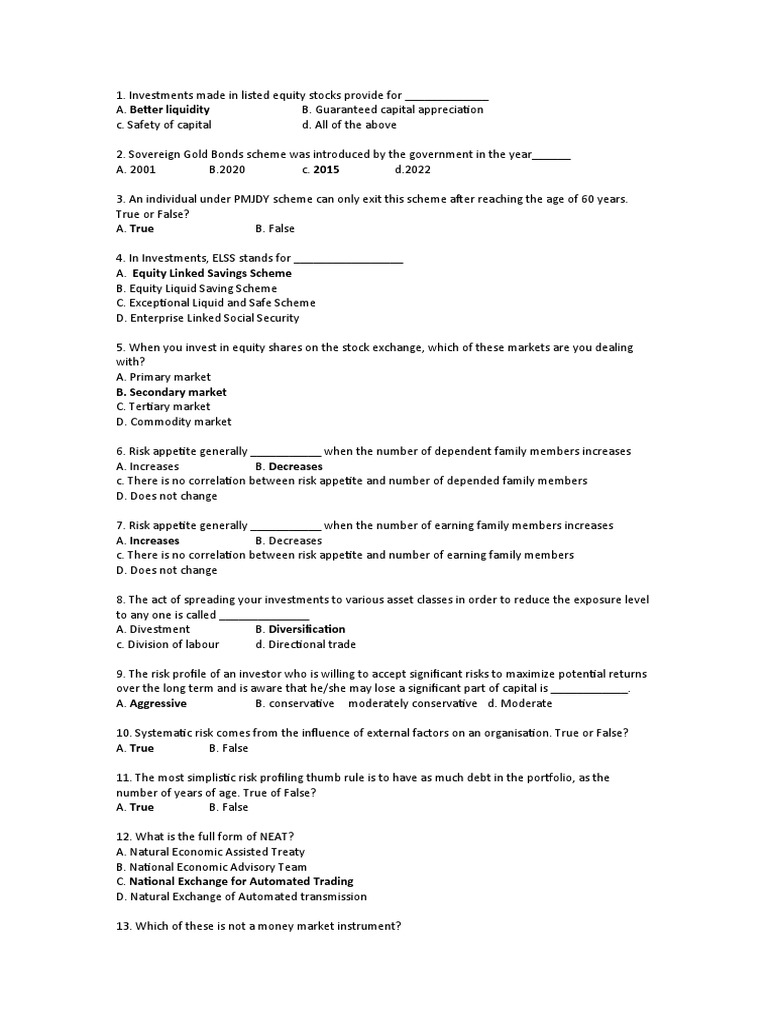 Investment and Stock Market Quiz MCQs | PDF | Stocks | Securities (Finance)