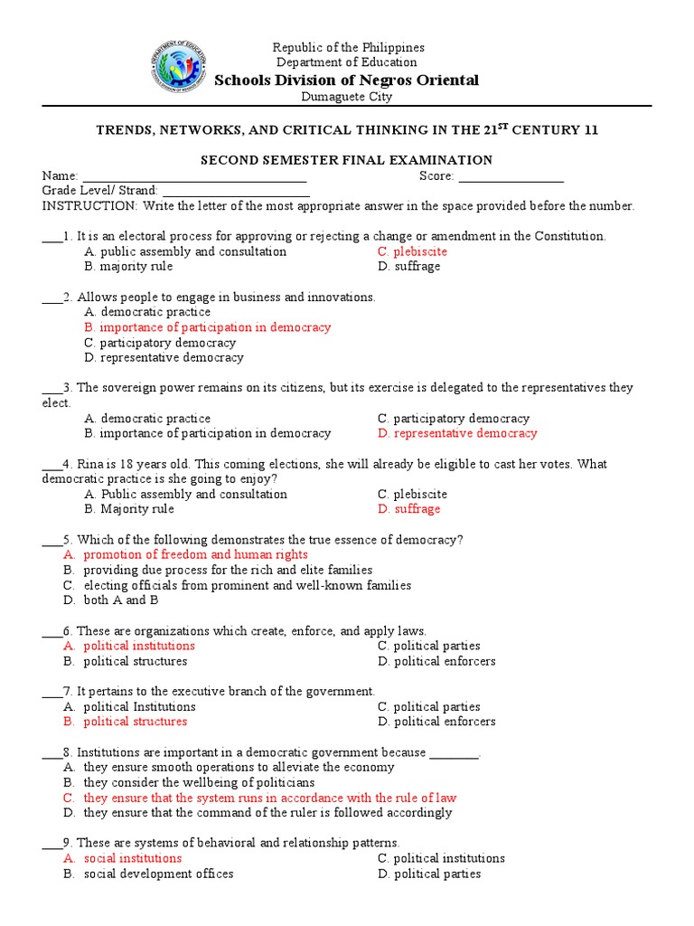 4thq Assessment For TNCT | PDF | Nervous System | Democracy