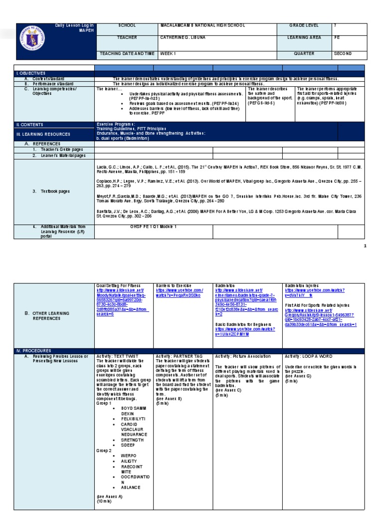 Q2 Grade 7 PE DLL Week 1 | PDF | Physical Fitness | Physical Exercise