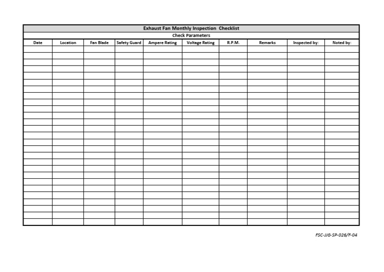 Exhaust Fan Monthly Inspection Checklist PDF