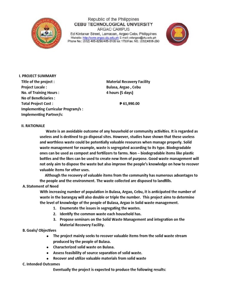 Barangay MRF Project Proposal in Bulasa | PDF | Waste Management | Waste
