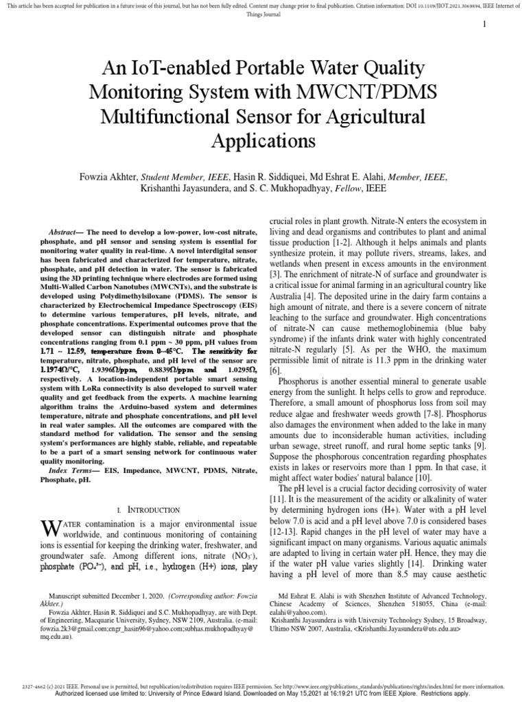 An IoTenabled Portable Water Quality Monitoring System With MWCNT/PDMS