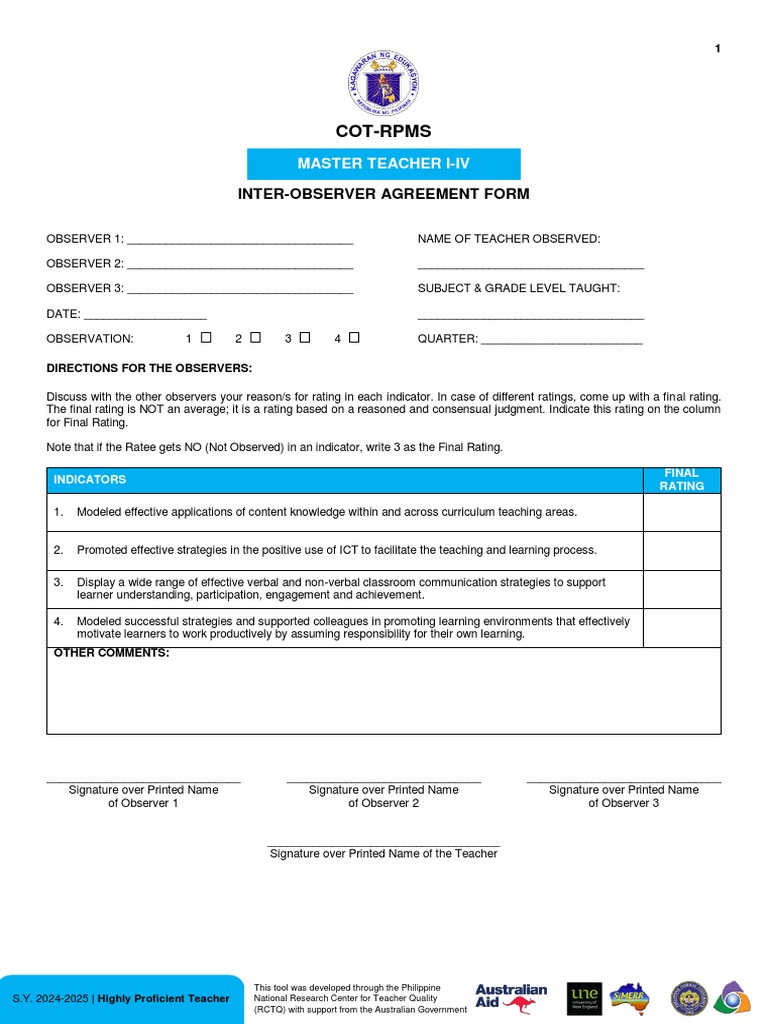 Inter-Observer Agreement Form 2024-2025 | PDF | Teachers | Learning