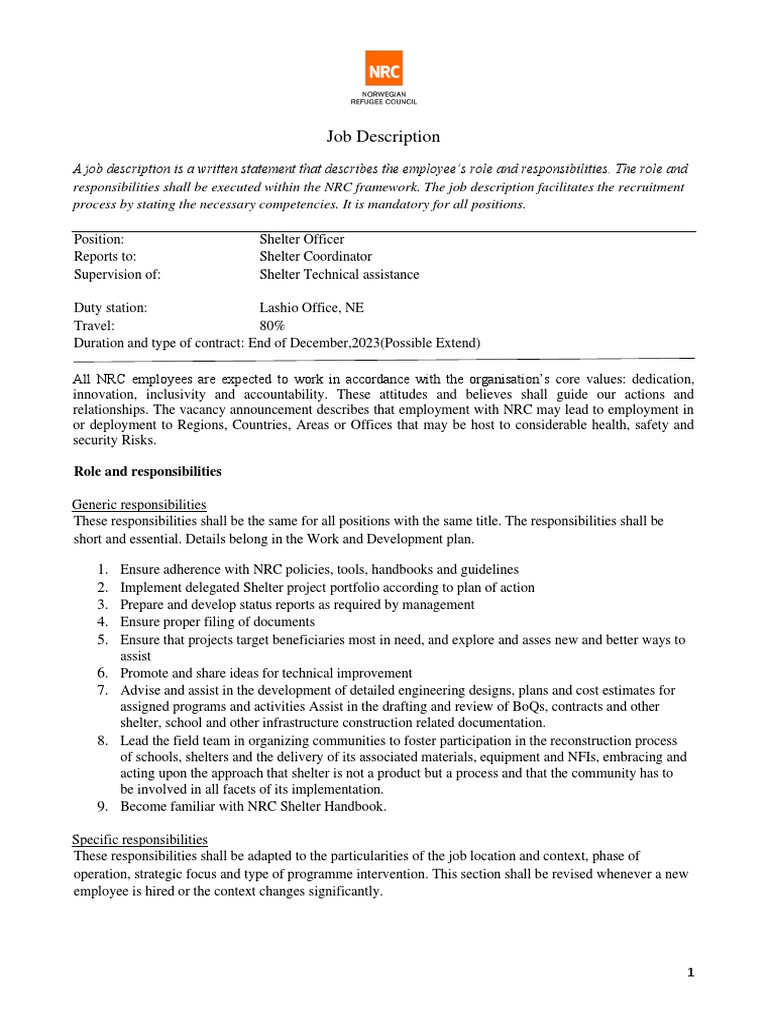 Job Description - Shelter Officer, Lashio 2022 | PDF | Employment