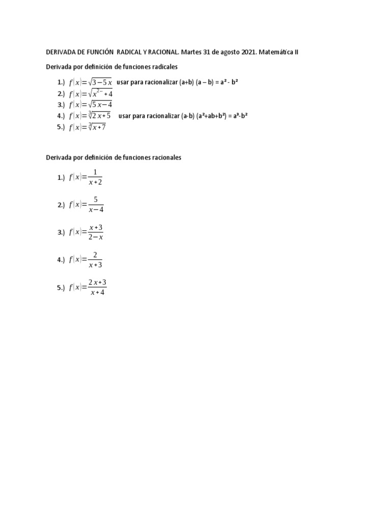 Derivadas de Funciones Radicales y Racionales | PDF | Métodos y ...