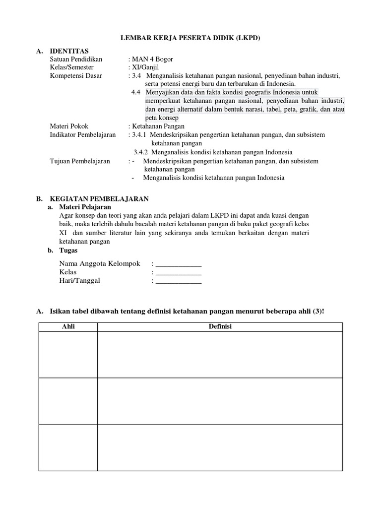 LKPD Ketahanan Pangan Kelas XI | PDF | Kesehatan Holistik | Sains ...