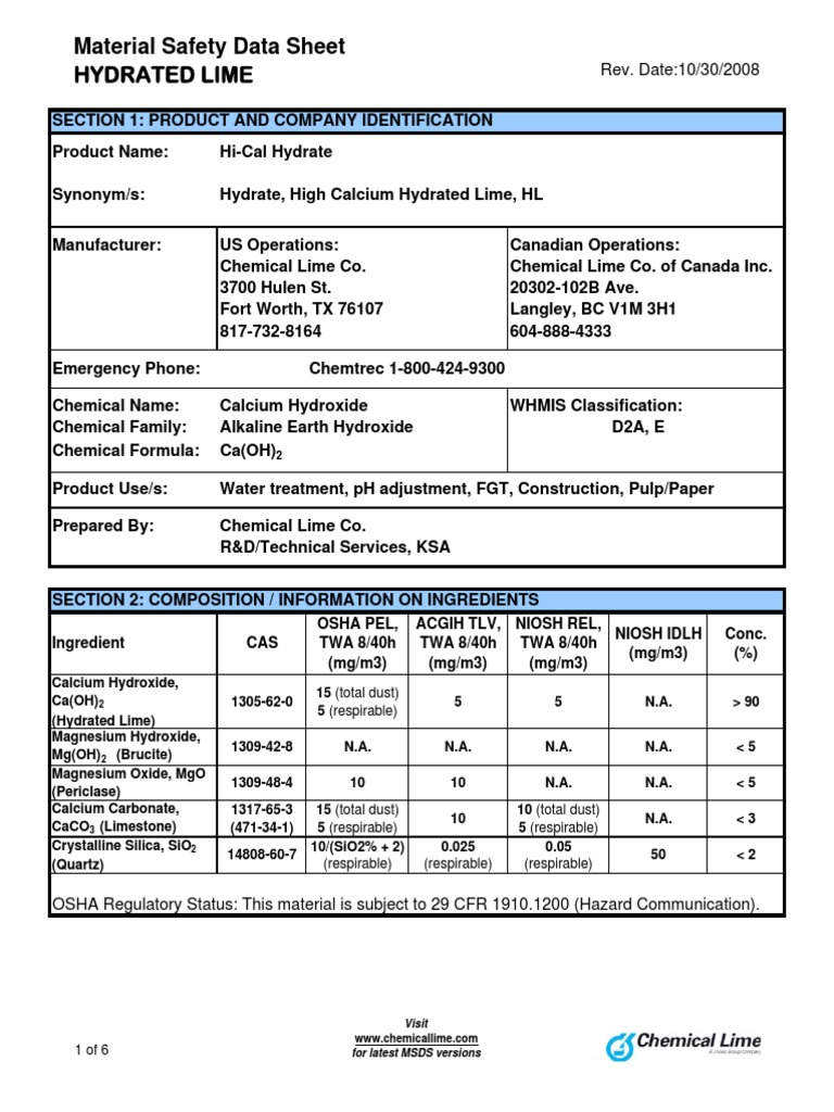 Hydrated Lime Safety Data Sheet | PDF