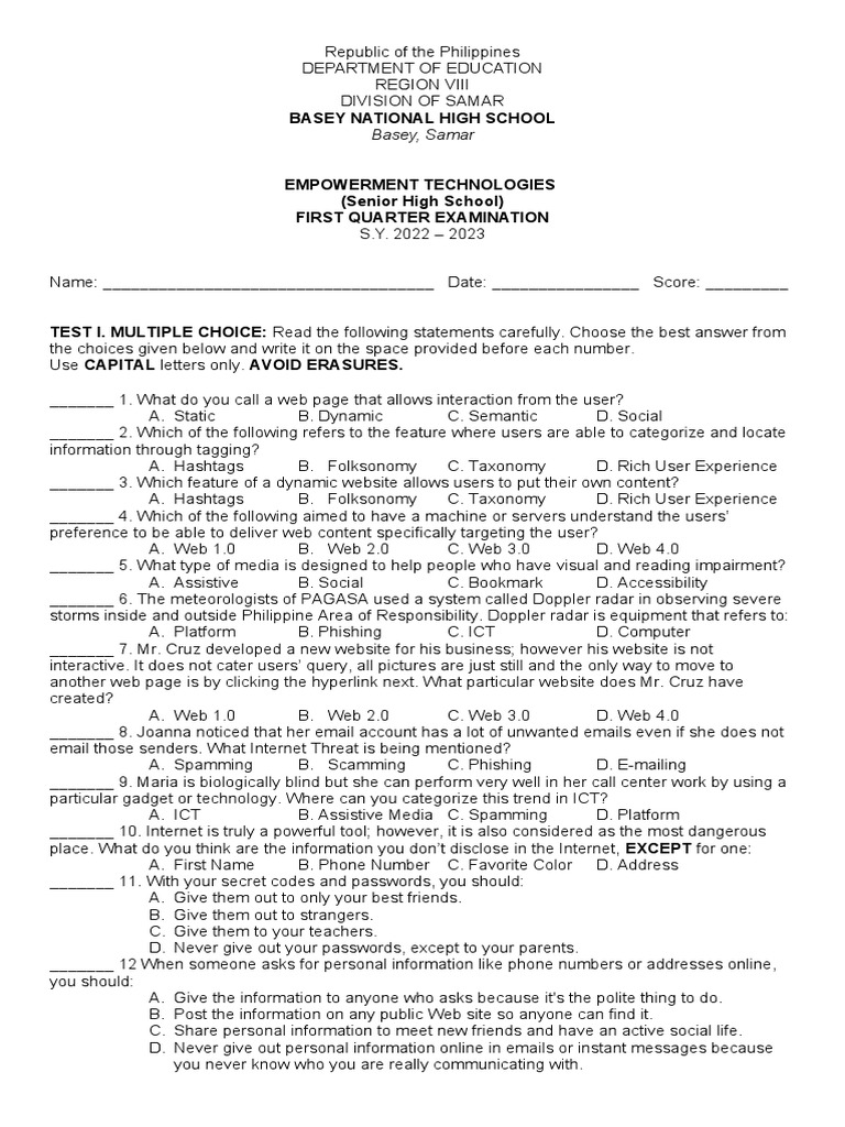 Grade 11 Empowerment Tech Exam Q1 | PDF | World Wide Web | Internet & Web