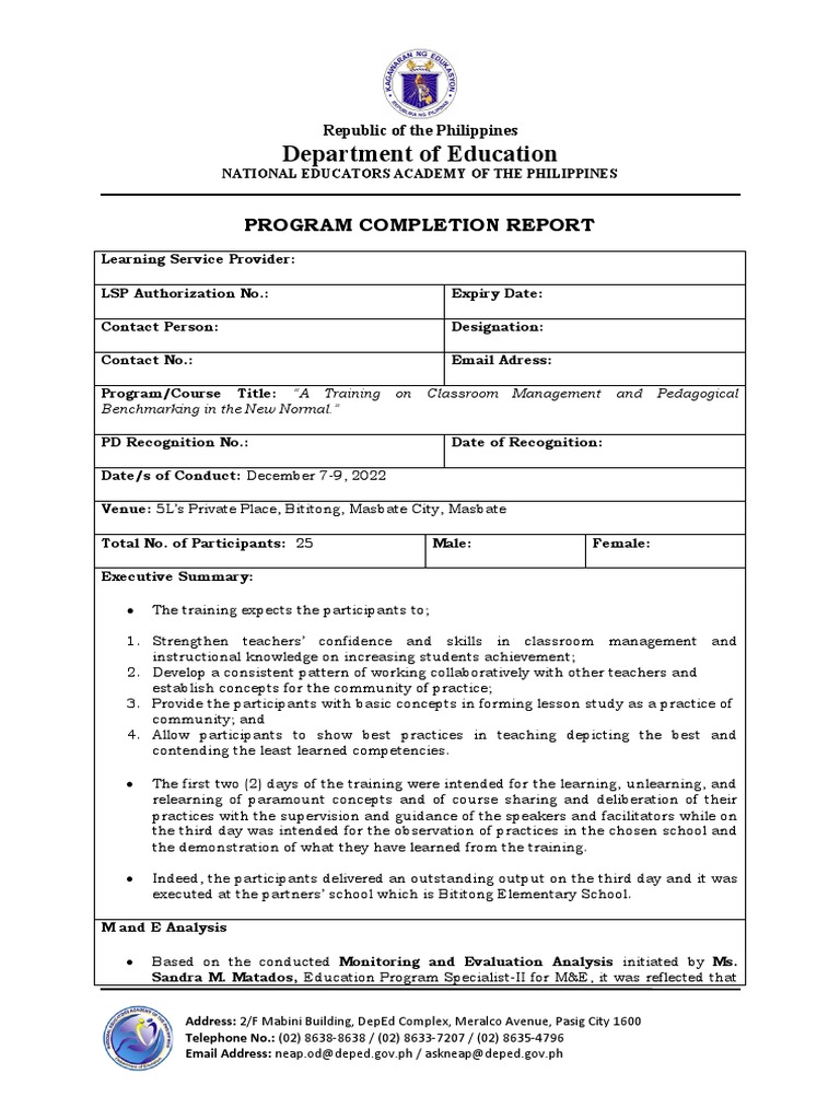 FORM R.6 Program Completion Report Template | PDF | Classroom ...