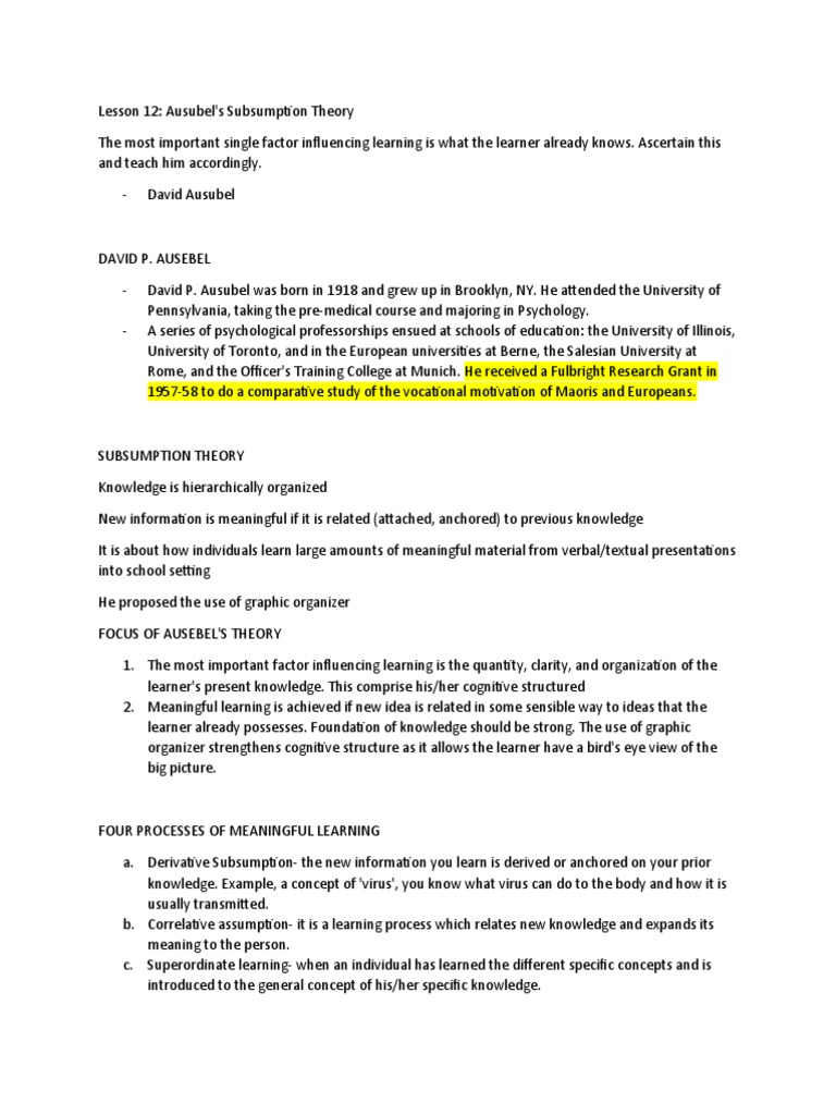Ausubel's Subsumption Theory Explained | PDF | Learning | Cognition