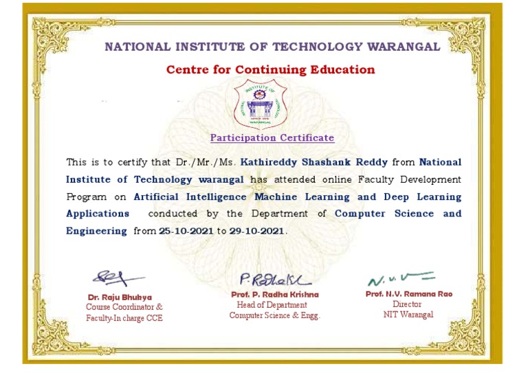 NIT Warangal AI Course Participation Certificate | PDF | Computers