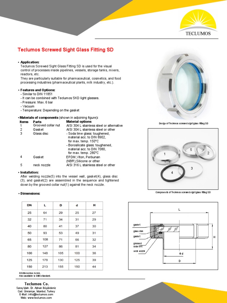 Teclumos Screwed Sight Glass Fitting SD PDF Glasses Physical Sciences
