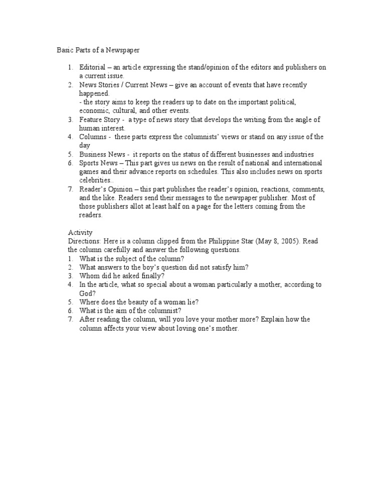 Basic Parts of a Newspaper News Newspapers