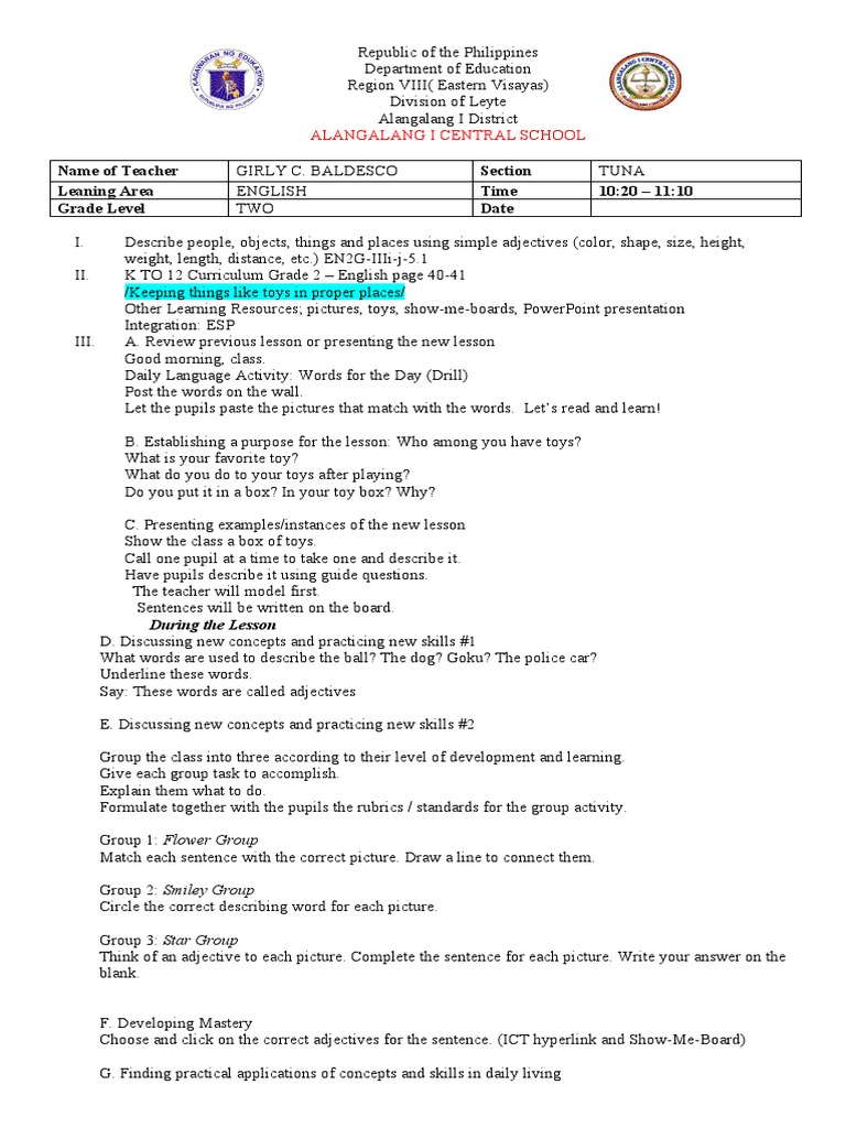 Grade 2 English Lesson Plan on Adjectives | PDF | English Language ...