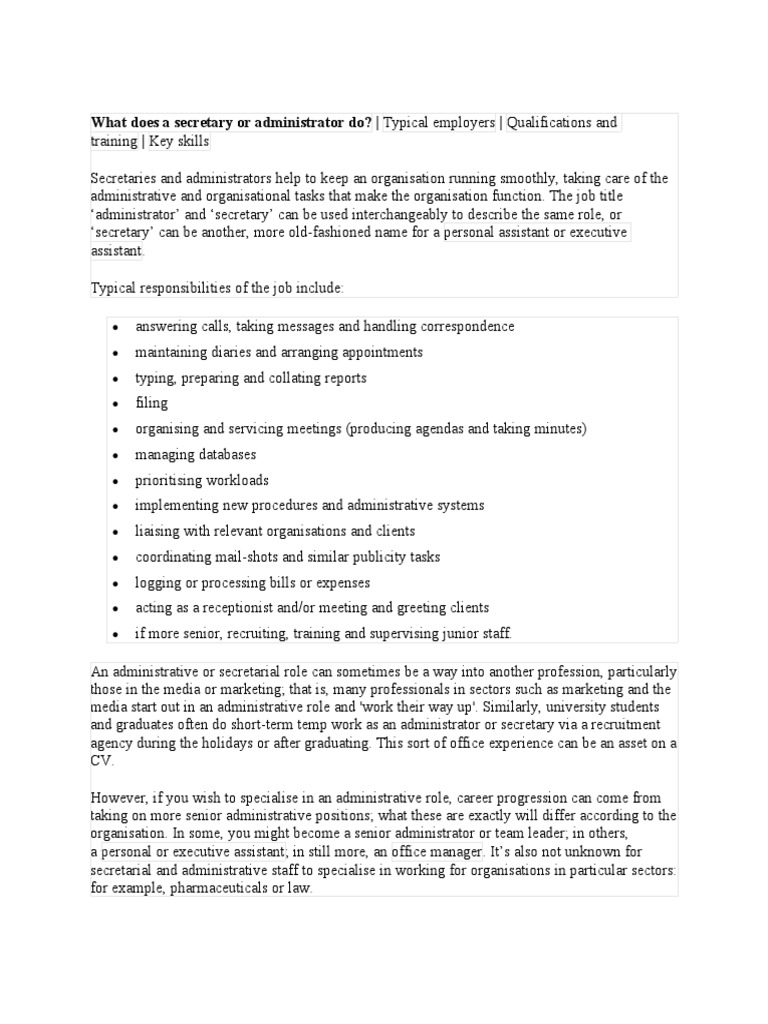 Job Description What Does A Secretary or Administrator Do PDF
