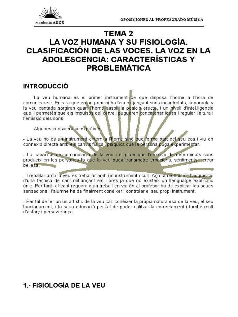 Tema 2 La Voz Humana y Su Fisiología. Clasificación de Las Voces. La ...