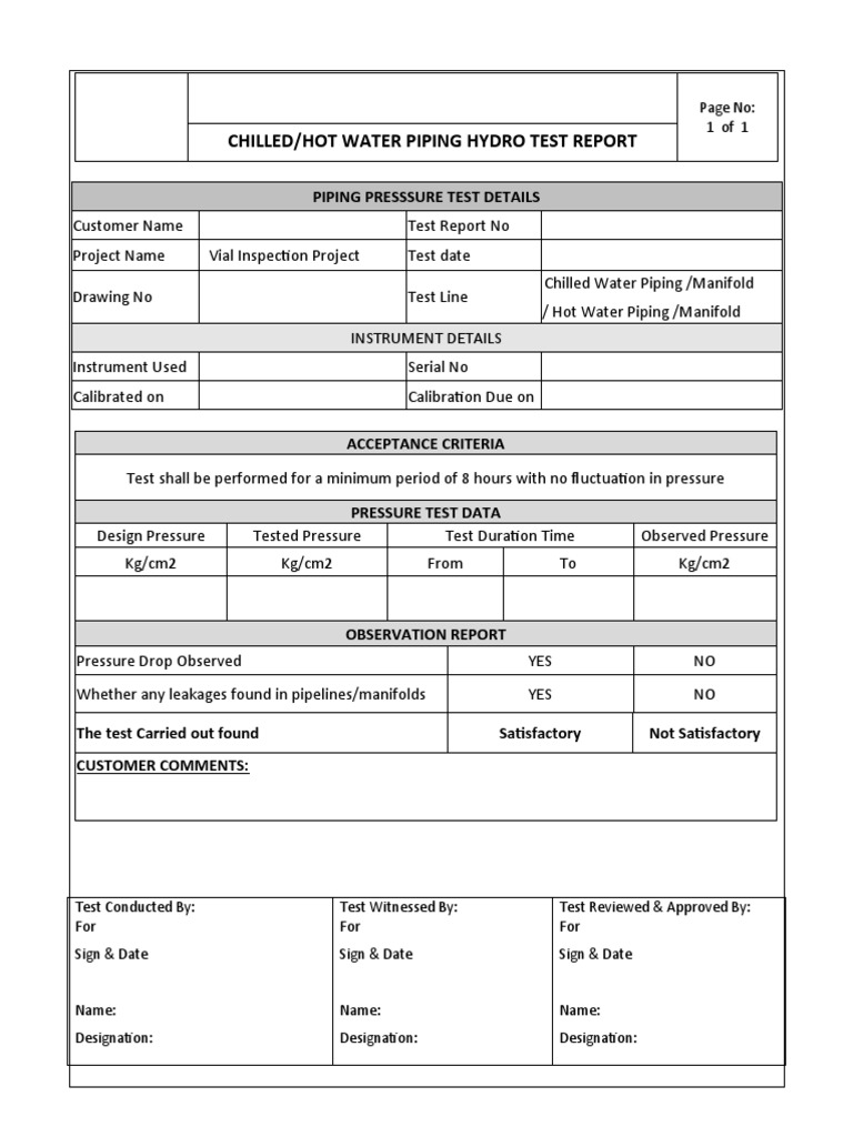 CHW & HW Piping Pressure Test Report Format PDF