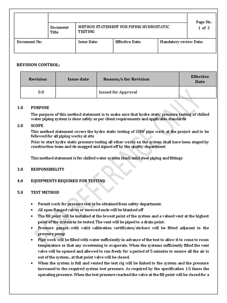 Hydrostatic Testing Method Statement | PDF | Leak | Pipe (Fluid Conveyance)