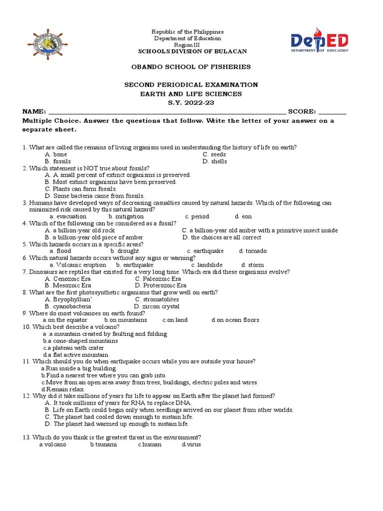 2nd Quarter Second Periodical Test Earth And Life Science Pdf