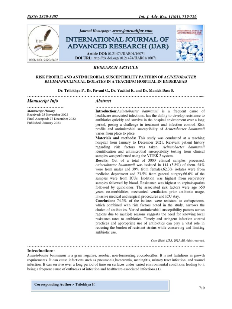 Risk Profile and Antimicrobial Susceptibility Pattern of Acinetobacter ...
