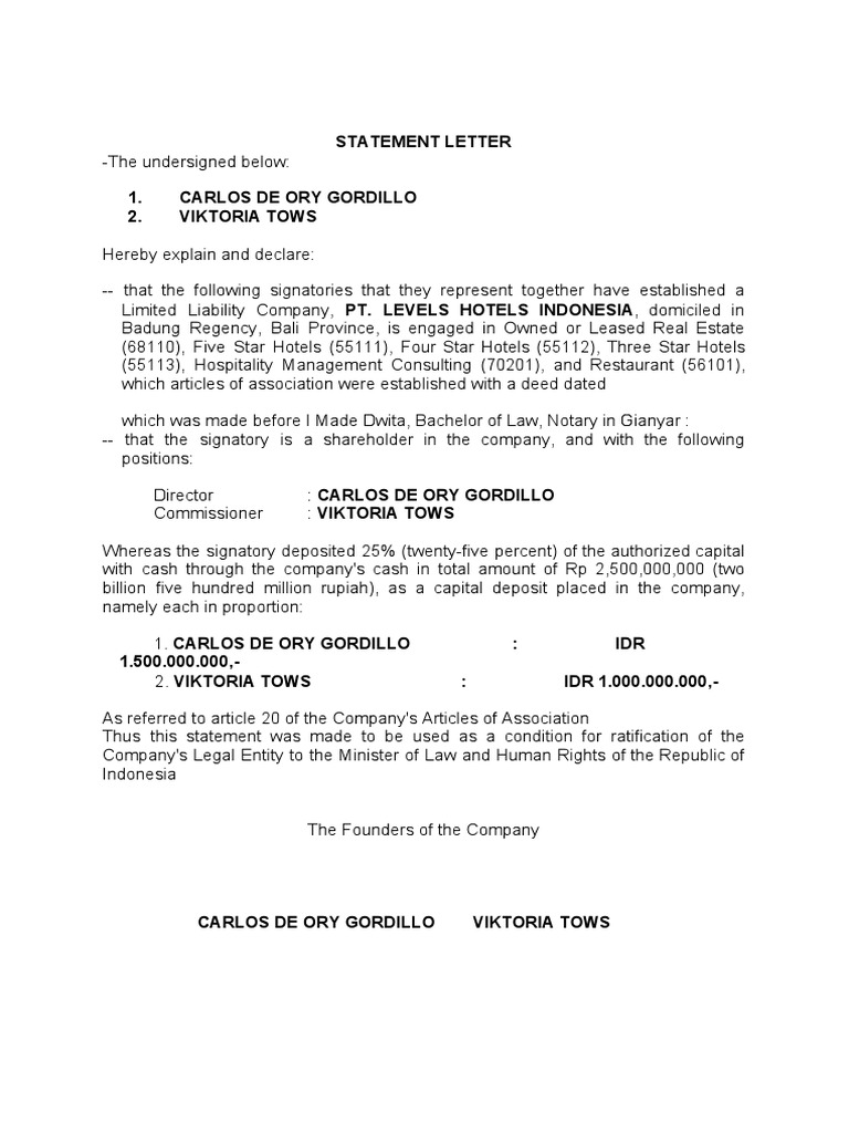 3.1 (English) Company Statement Letter Levels Hotels Indonesia PDF