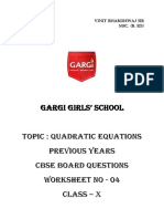 CBSE Class X Quadratic Equations Previous Years Questions Worksheet