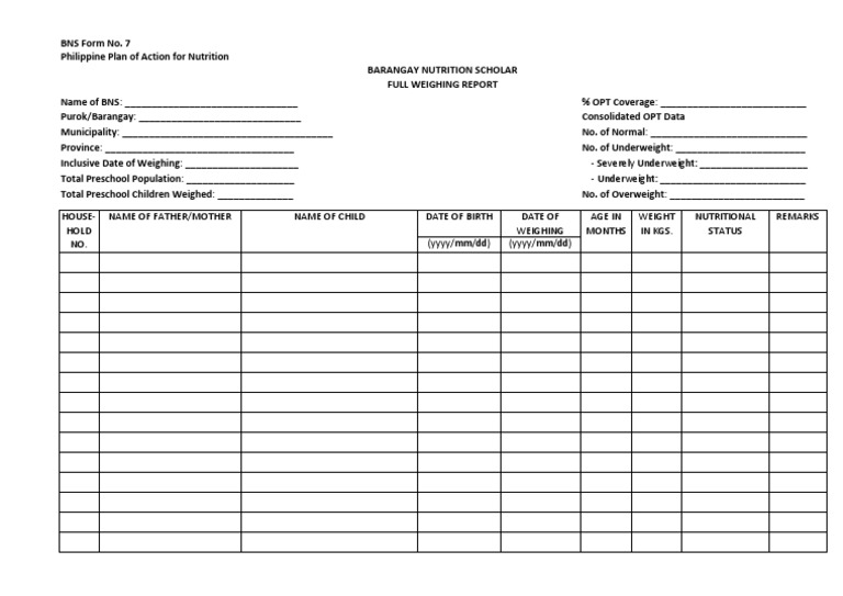 BNS Weighing Report Template | PDF