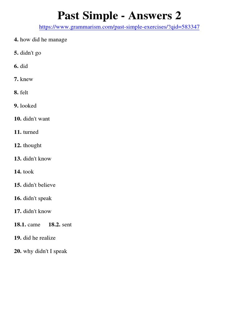 Grammarism Past Simple Test 2 Answers 2647974 | PDF | Self-Improvement ...