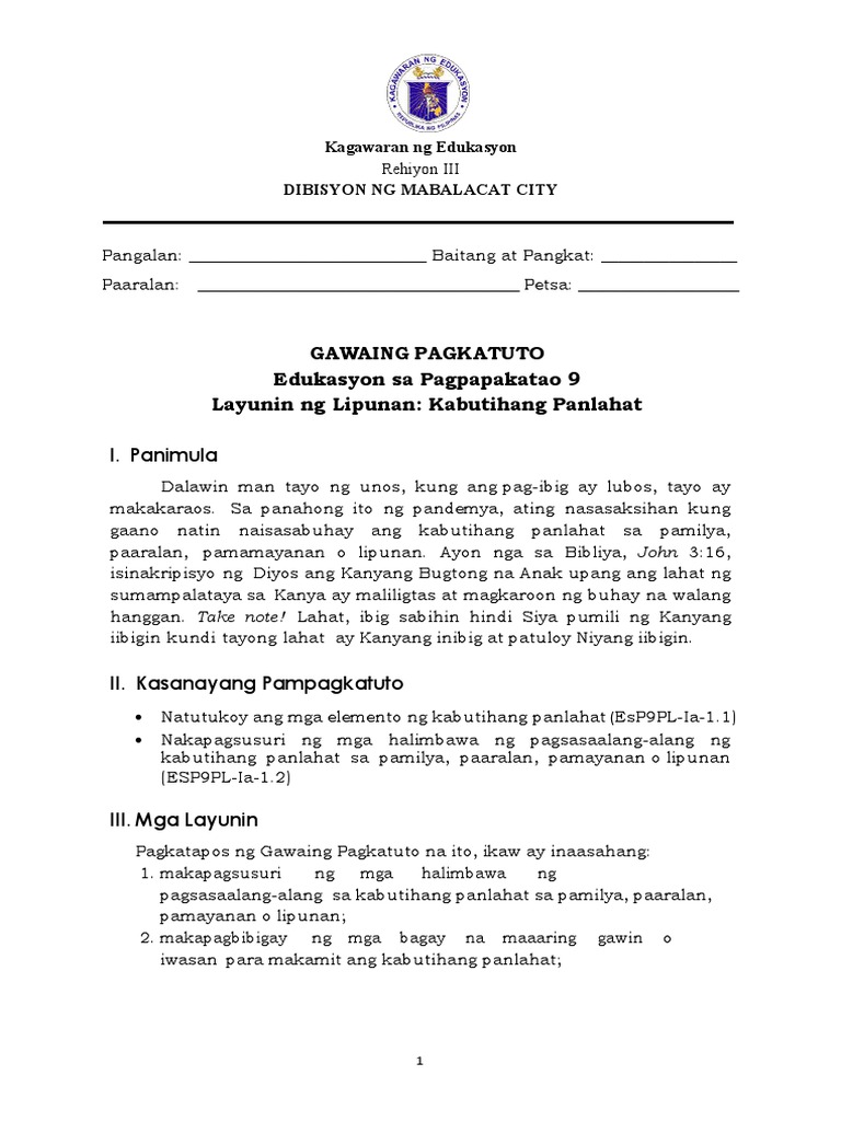 Esp9 Q1 Wk1 Layunin Ng Lipunan Kabutihang Panlahat Evaluated Pdf