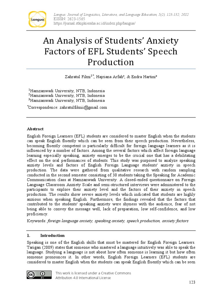EFL Students' Speech Anxiety Analysis | PDF | English As A Second Or ...
