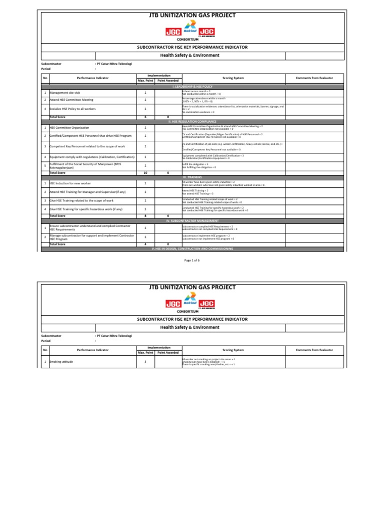 HSE Performance Indicators for Subcontractors | PDF | Personal ...