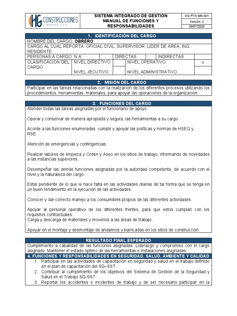 HG-PTH-MN-001 Manual de Funciones - OBRERO V3 | PDF