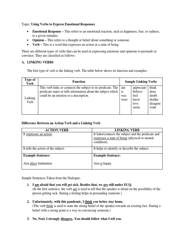 Using Verbs To Express Emotional Responses Handout | PDF | Subject ...