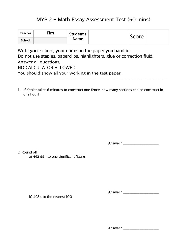 MYP 2 Math Assessment Test | PDF | Speed | Mathematics