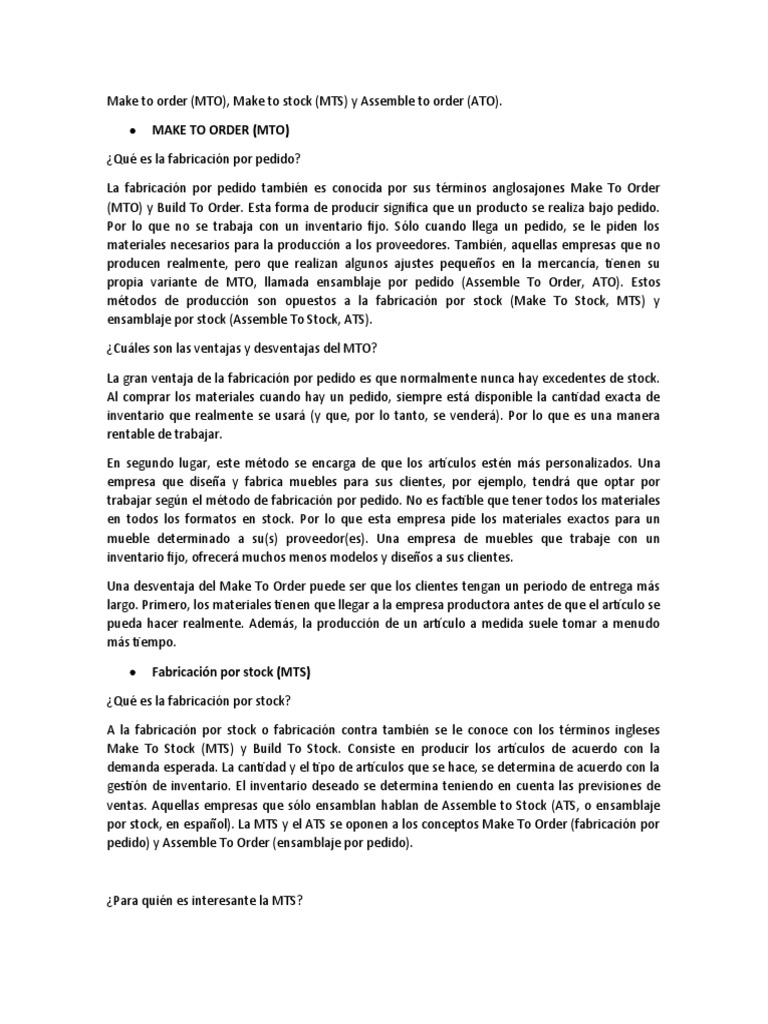 Make To Order (MTO), Make To Stock (MTS) y Assemble To Order (ATO