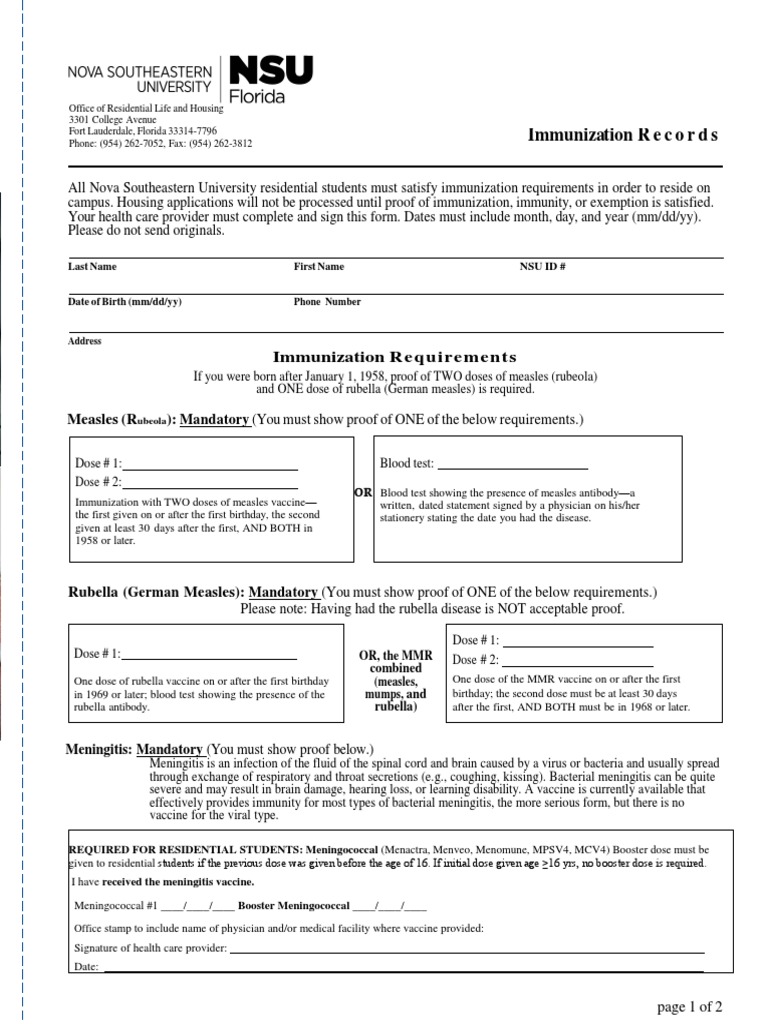 NSU Housing Immunizations 2021 PDF Meningitis Measles