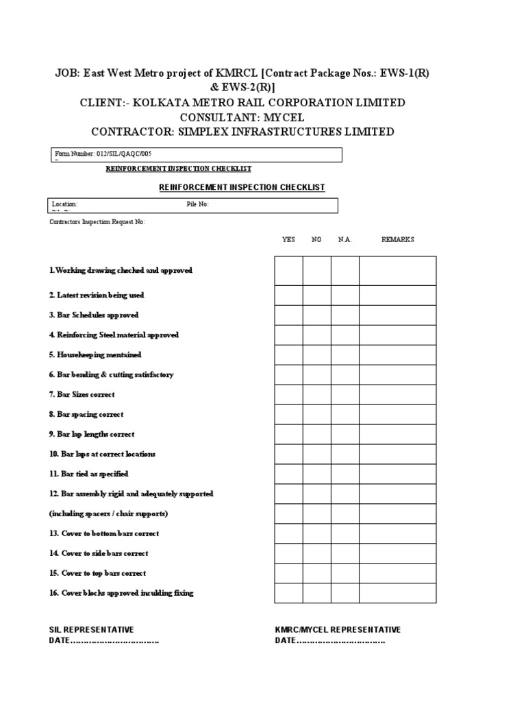Reinforcement Inspection Checklist 012 SILQAQC005 PDF