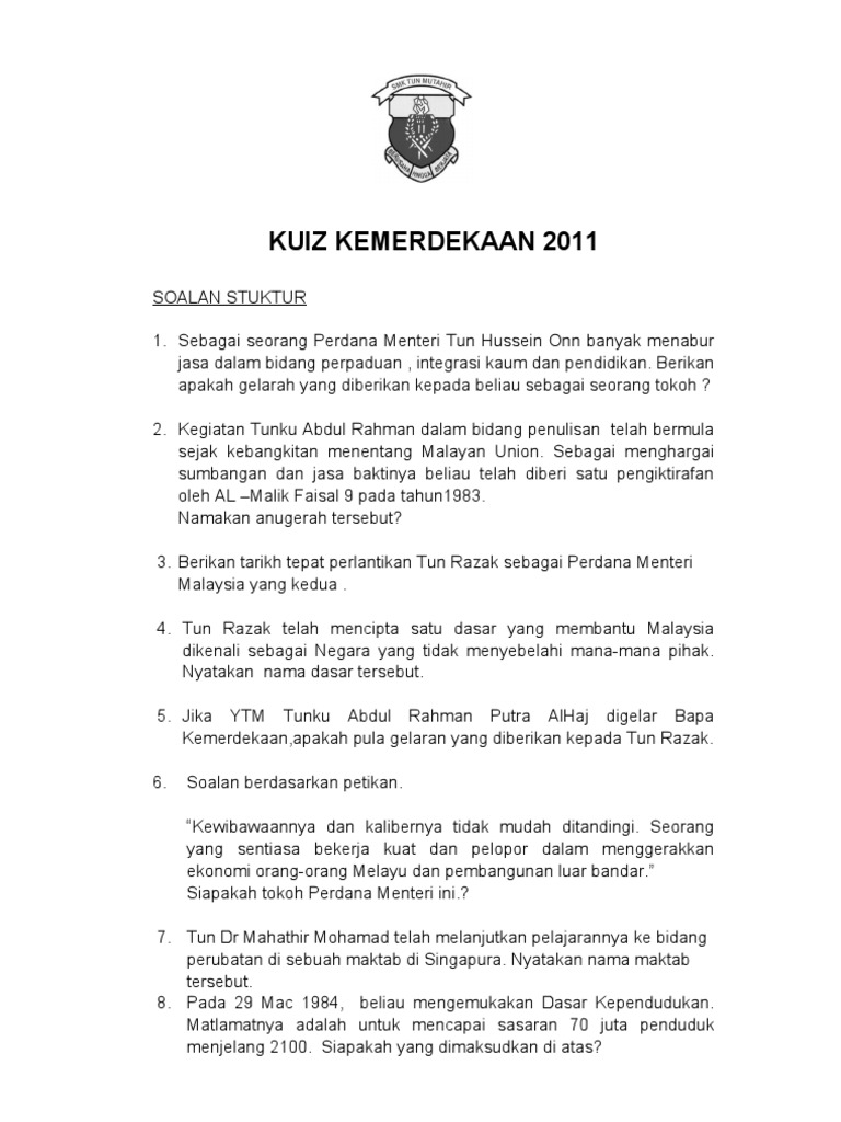 KUIZ Kemerdekaan (SOALAN)