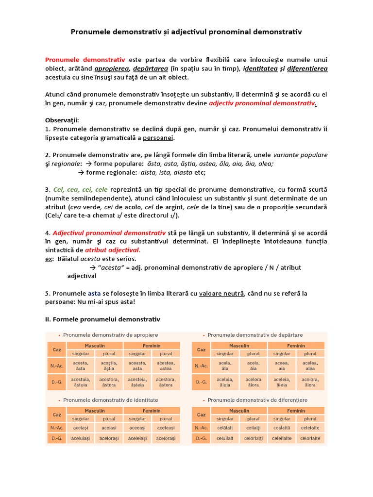 Pronumele Demonstrativ Și Adjectivul Pronominal Demonstrativ | PDF