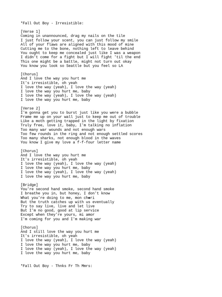 Fall Out Boy Song Lyrics Analysis | PDF, image size:768x1024