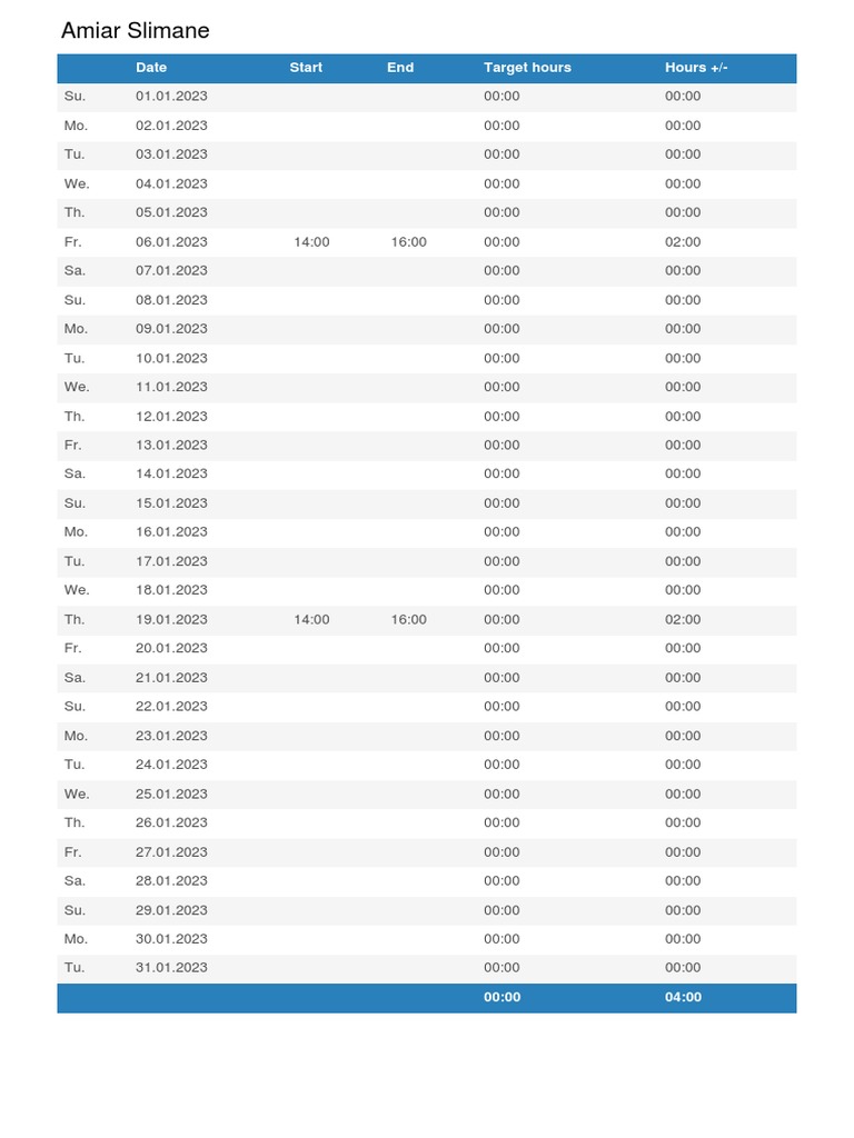 Date Start End Target Hours Hours + PDF