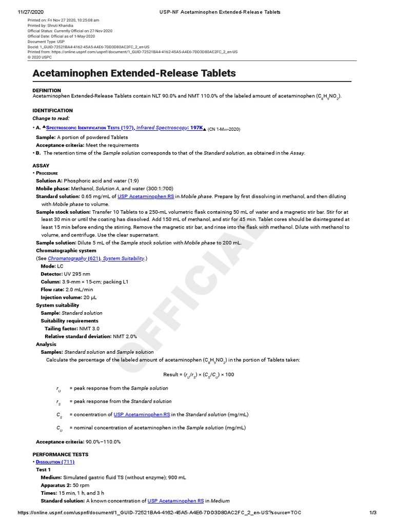 USPNF Acetaminophen ExtendedRelease Tablets PDF Tablet (Pharmacy