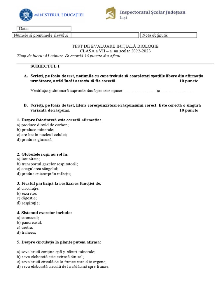 TEST INITIAL Clasa A 7 A - SUBIECT - 2022-2023.final | PDF