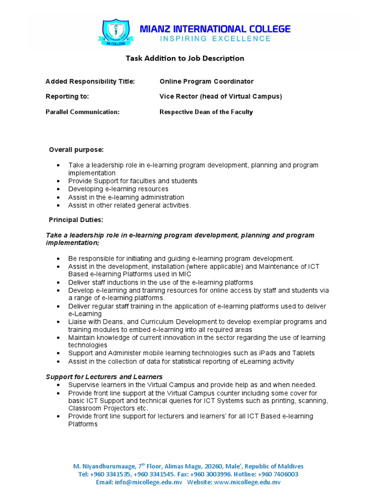 Task Addition To Job Description Elearning Cordinator PDF