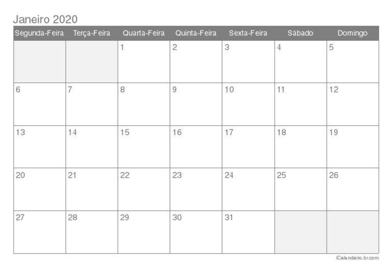 Calendario Janeiro 2020 | PDF